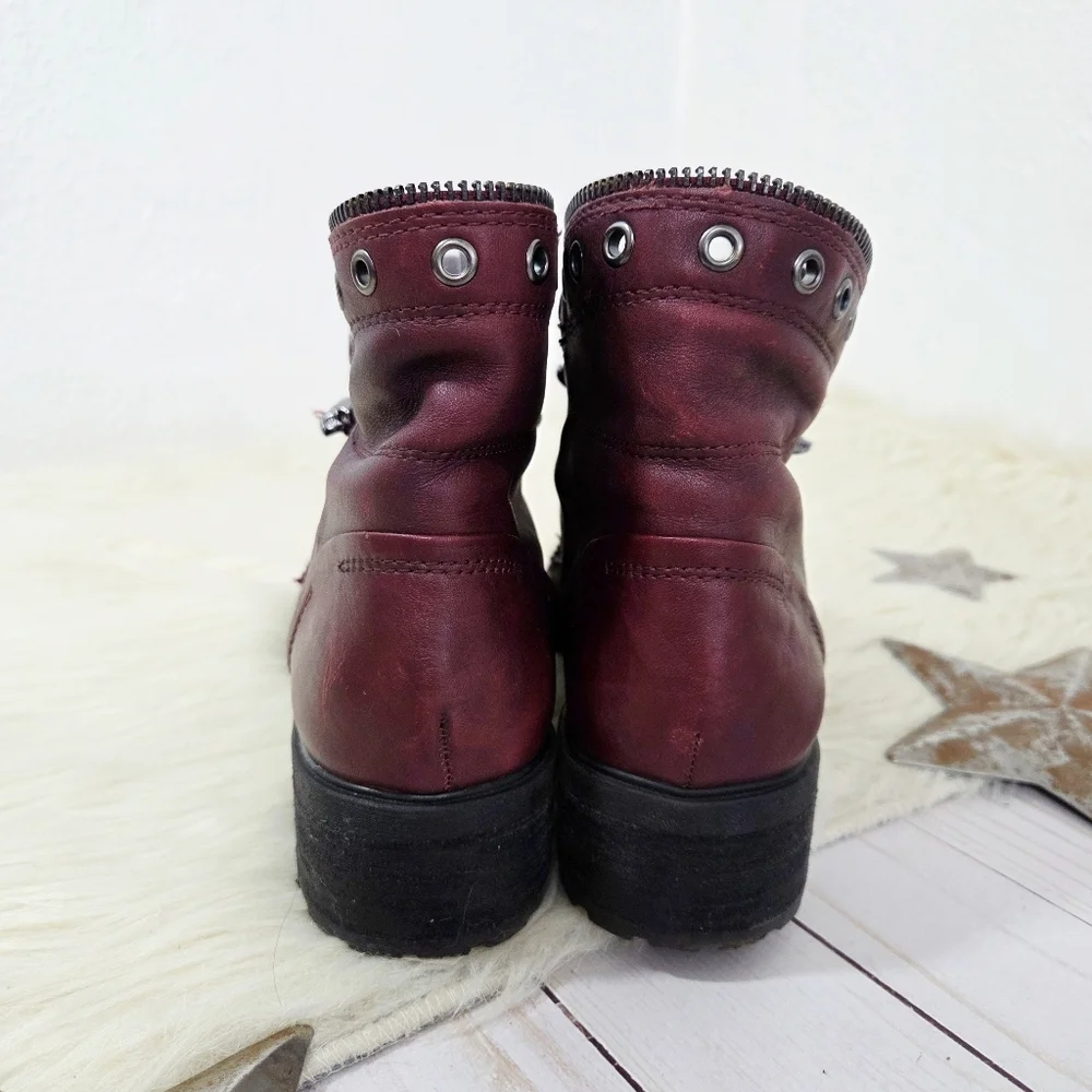 Gianni Bini Fire-worx Boots Spiced Wine Red Studded Skull Lace-up Gunmetal Sz 8